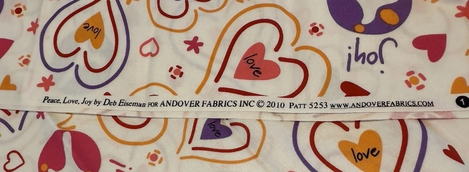 Andover Fabrics 2010 PEACE LOVE JOY By Deb Eiseman Multicolor Hearts 30 x 44” - Image 3 of 3