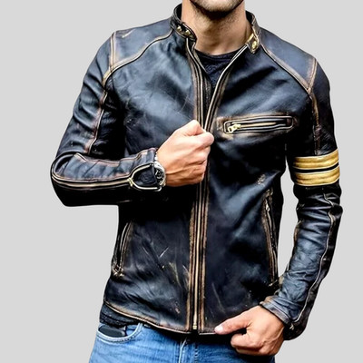 Men Distressed Black Leather Jacket Vintage Cafe Racer Biker Gold Stripe