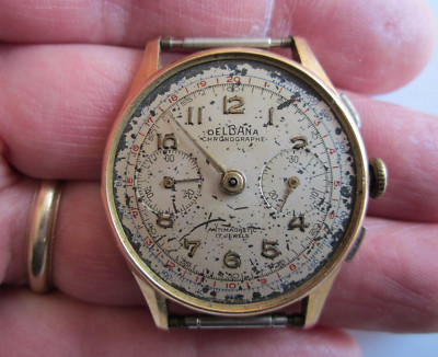 DelBana Chrono Mens Watch c1930s  18K Gold OffWhite Dial CLEAN AS IS G2U