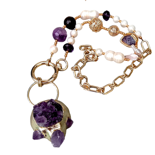 23" Cultured White Pearl Amethyst Necklace Purple Amethyst Raw Druzy Pendant - Picture 3 of 7