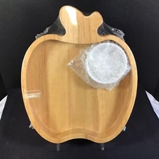 Vintage Wooden Chip And Dip Set Ceramic Bowl Apple Fruit Thailand New