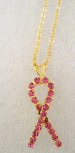 Authentic Rose crystal ribbon pendant necklace,gold plated,US made,Breast Cancer Awareness