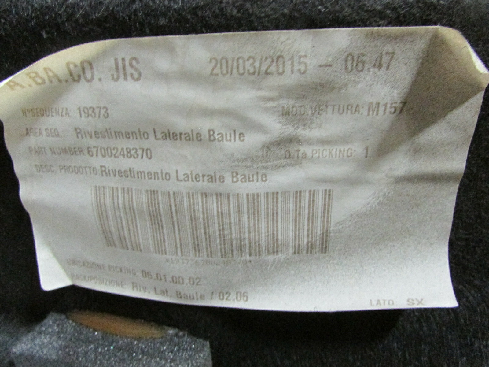 Maserati Ghibli, LH, Left Side Trunk Carpet, Black, Used, P/N 6700248370
