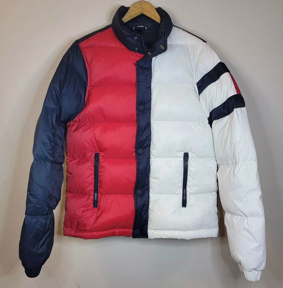 Tommy Hilfiger Mens Elite Puffer Jacket Colorblock Duck Down Zip Pockets Warm XS