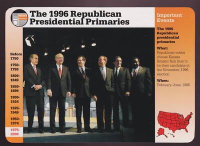 1996 REPUBLICAN PRIMARIES Bob Dole Gramm Forbes GROLIER STORY OF AMERICA CARD