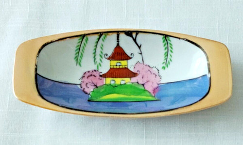 Vintage 6 1/4" Oriental Orange Lusterware Sushi Celery Dish Hand Painted Japan