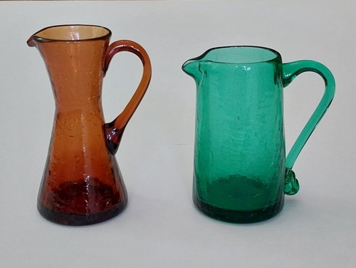 Pair of Vintage Pilgrim Crackle Glass Pitchers 1950s-60s, Brown, Green - Picture 2 of 9