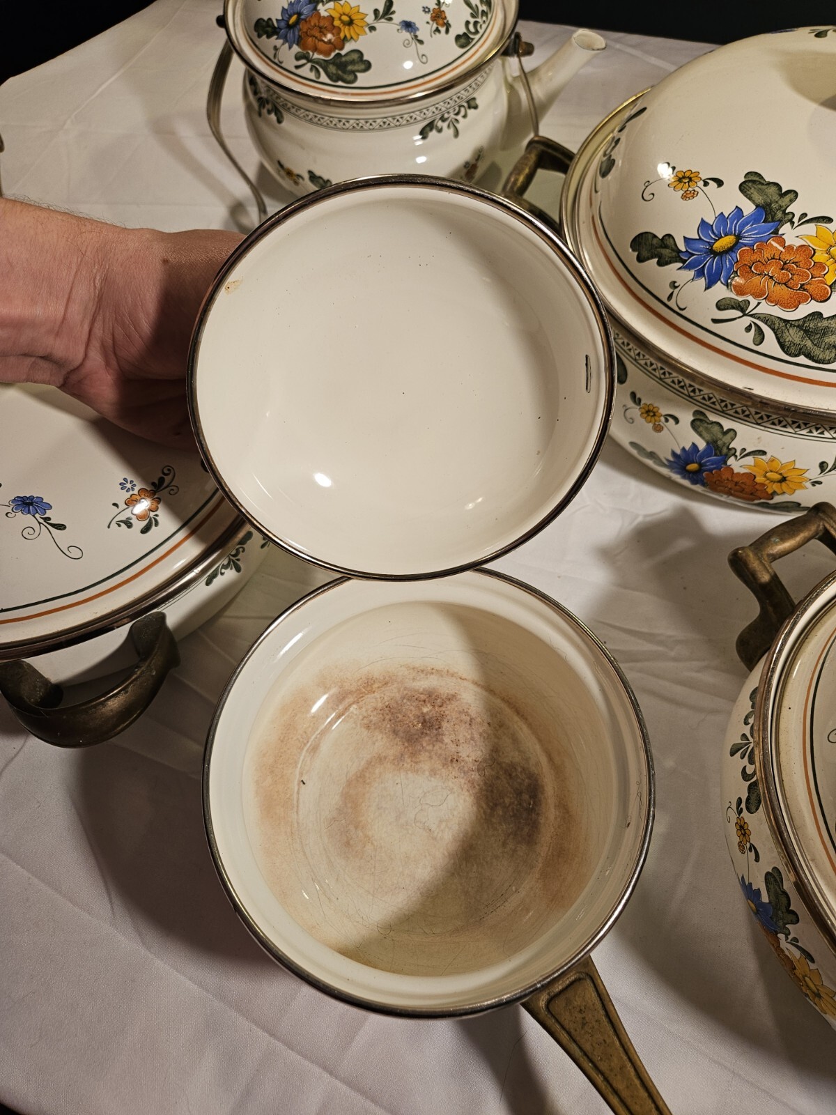 Vintage ASTA German Floral Enamelware Cookware Set With Brass Handles