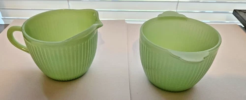 Vintage Fire King Ribbed Jane Ray Jadeite Creamer & Open Sugar Bowl Set