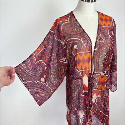 Cabi Epic Sheer Paisley Kimono Sleeve Long Tunic Top Duster Beaded Ties Size L