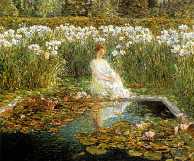 LADY GIRL LILIES FLOWERS 1910 AMERICAN USA FINE PAINTING BY CHILDE HASSAM REPRO