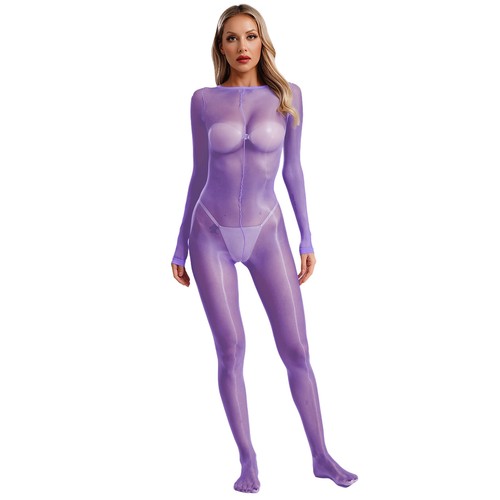 Women Bodysuit Catsuit Jumpsuit Crotchless Unitard Underwear Long Sleeve Sheer - Picture 20 of 69