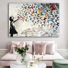 Banksy Wall Art, Graffiti Wall Art,Colorful Butterfly Girl Canvas Wall Art,Girl