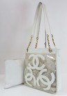 Authentic Chanel White Leather and Transparent Tote Shoulder Bag Purse #57613