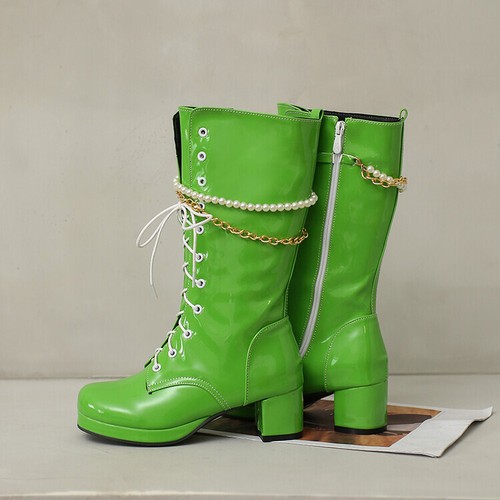 Stivali donna biker metà polpaccio zip laterale stringati tacco a blocco scarpe plateau casual - Foto 24 di 25