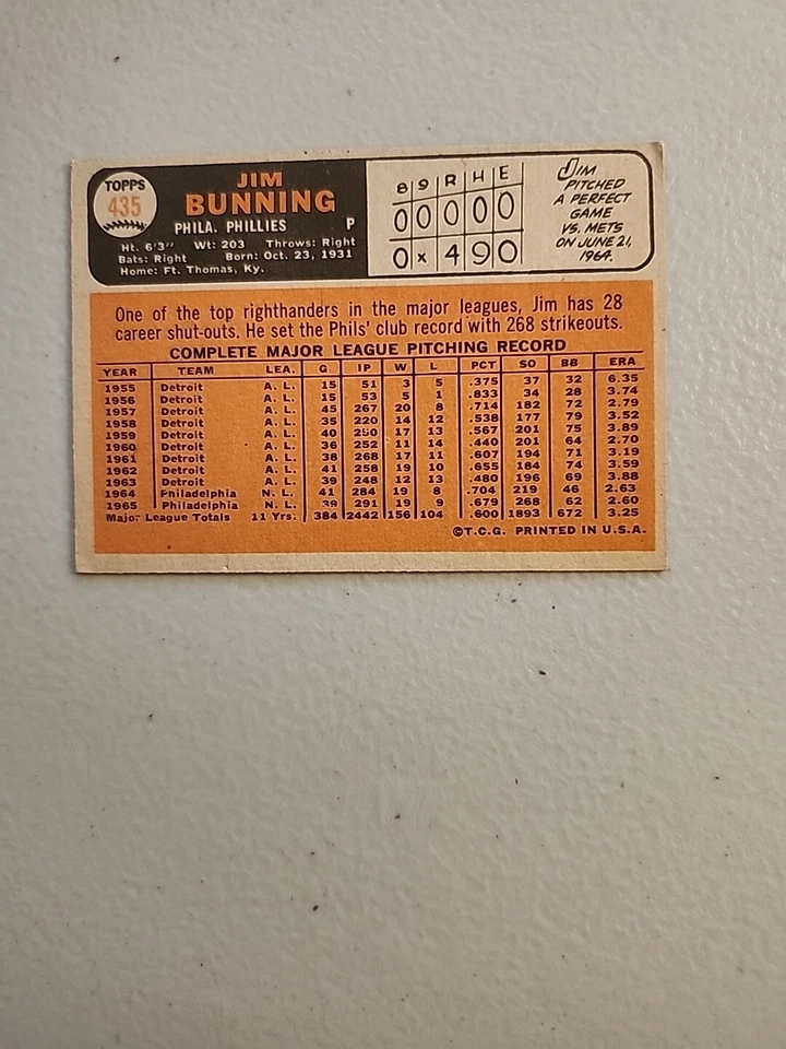 Jim Bunning 1966 Topps, patio, # 435, casi nuevo, se aceptan todas las ofertas razonables. Foto 2 de 2