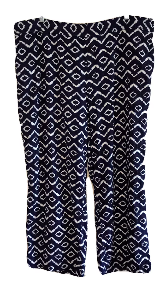 Loft LINEN Blend Pants Pull On Wide Leg Blue White Batik Print Women’s sz XL