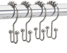 12Pcs Metal Shower Curtain Hooks Rings Double Glide-Roller Set Stainless Steel