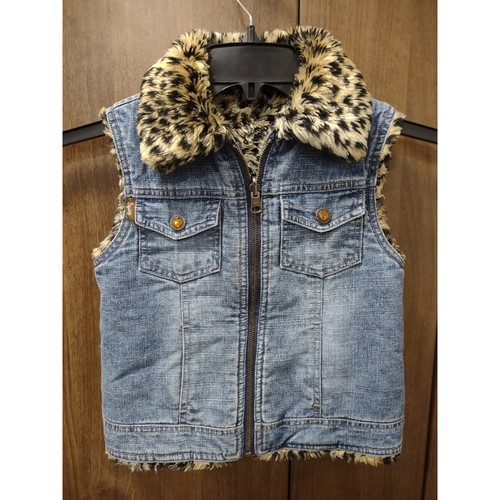 Squeeze Denim Vest Faux Fur Leopard Collar Pockets Sleeveless Girl's M(10)