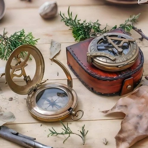 2er Set antiker maritimer Messing Sonnenuhr gravierter Kompass als Geschenk...