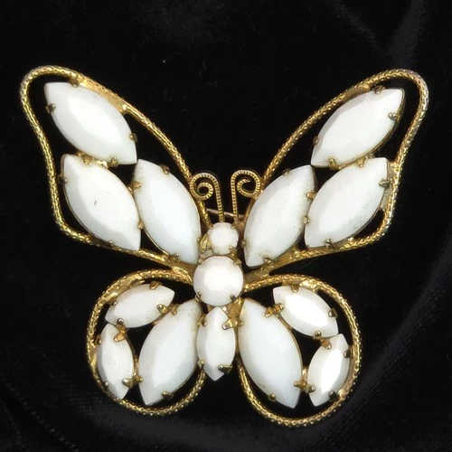 Vintage White Milk Glass Butterfly Brooch Gold Tone Filigree Juliana