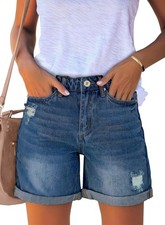 Women's High Rise Ripped Denim Shorts Distressed Rolled Hem Casual Jean Bottoms