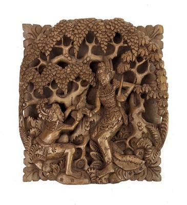 Vintage Balinese Bali Wooden Hand Carved High Relief Art Panel Wood 3D
