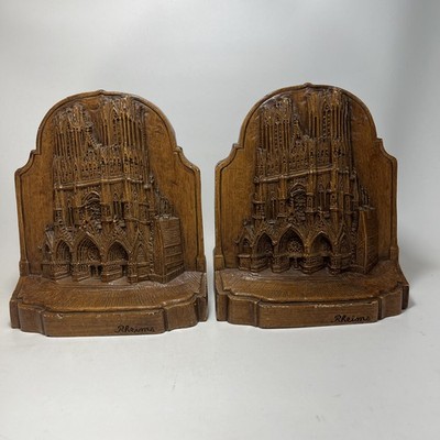 Set of 2 Vintage Rheims Cathedral Bookends Composite Library Decor Gothic