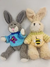 2 VTG Hugfun Bunny Rabbit Plush Sweaters Fully Jointed Stuffed Animals 9”
