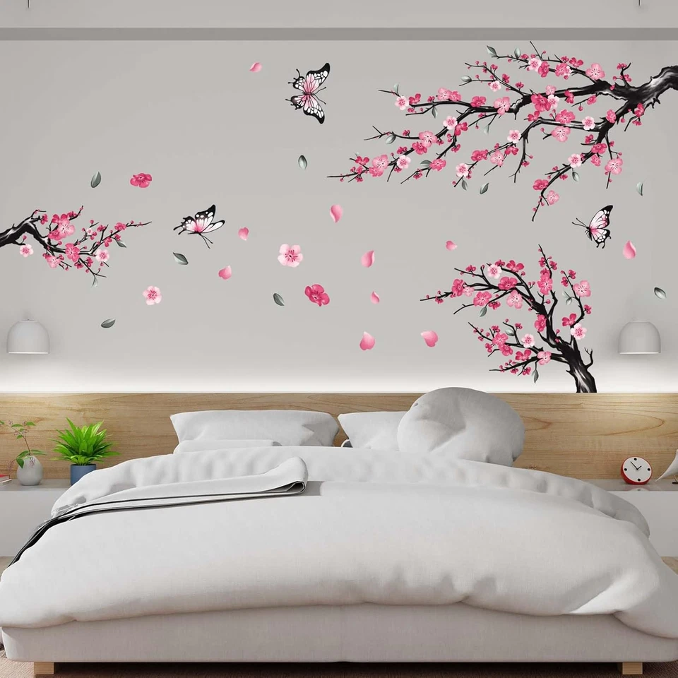 Pink Cherry Blossom Wall Stickers Tree Branch Birds Floral Decals Home Decor - Image 3 of 4
