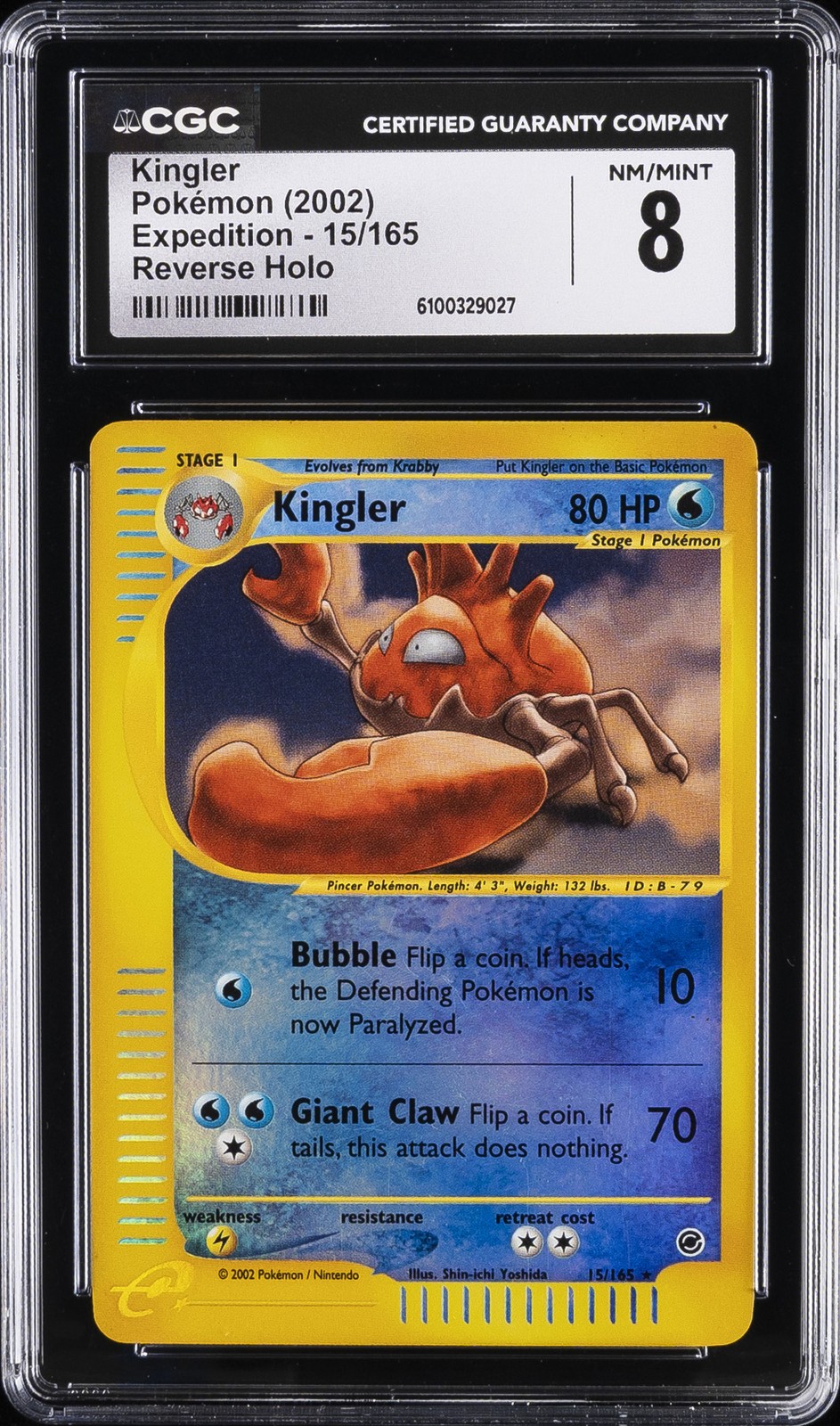 2002 POKEMON EXPEDITION REVERSE HOLO #15 KINGLER CGC 8