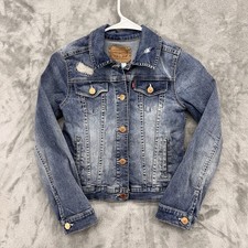 Levi's Youth Denim Jean Trucker Jacket Distressed Blue Wash Size 10/12