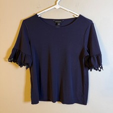 Banana Republic Navy Blue Ruffle Eyelet Sleeve Knit Top XS Crew Neck Blouse