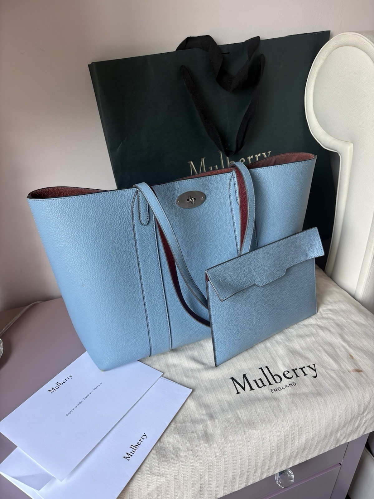 Blue Mulberry Bayswater Tote in large dustbag and carrier