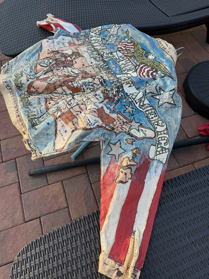 Chaqueta de Cuero Tony Alamo EE. UU. Estados Unidos Patriótico Estrás De Colección Única en Su Clase Foto 3 de 4