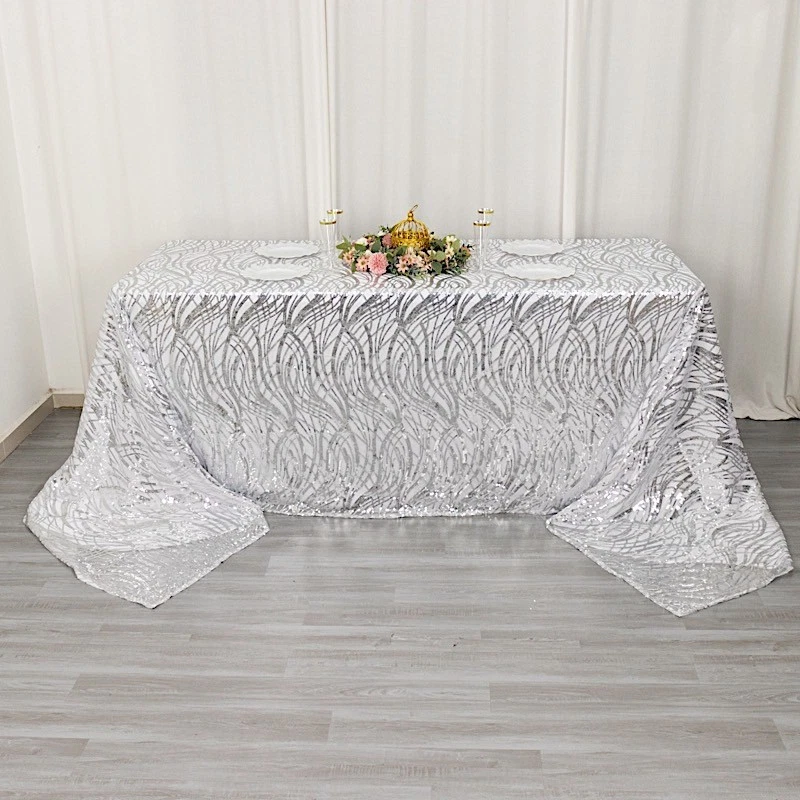 90x156 in SILVER Wavy Sequined Mesh Rectangle TABLECLOTH Party Events - Image 3 of 4