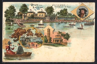 Lithographie Sacrow /Potsdam, Gasthaus zum Dr. Faust J. Leber vom Wasser aus, S 