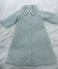 Vtg Quilted House Coat 50s/60s Baby Blue 3/4 Sleeve W/Embroidered Collar Pockets