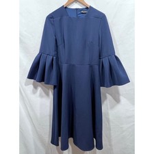 Marked Queen Navy Blue Pleated Bell Sleeve Fit and Flare Chic Minimalist Dress L