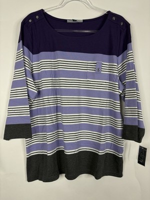 Karen Scott Sport T-Shirt Womens 2X Purple White Stripe 3/4 Sleeve Pocket NWT