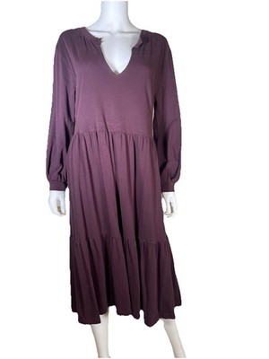 Nation LTD Tavin Tiered Long Sleeve V Neck Slub Knit Midi Dress Womens Sz L PLUM