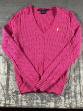 Ralph Lauren Sport Sweater V Neck Pink Cable Knit 100 Cotton Pullover M Preppy