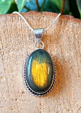 Natural Fire Flash Labradorite Gemstone 925 Sterling Silver Pendant 50 Cm Chain
