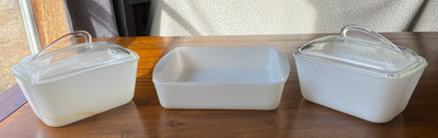 Vintage 3 Piece Glasbake Baking Dish White Milk Glass W/Fin Glass Lids