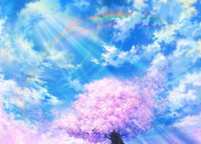 Anime sky clouds trees rainbows cherry blossom sun rays Custom Gaming Mat Desk