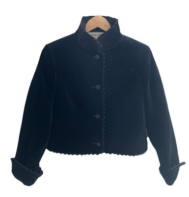 VTG Jaeger Black Velvet Zig Zag Trim Cropped Button Up Jacket Women's Size 12