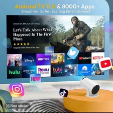 1080P Mini LED Projector upto 150", 180° Portable Android TV 11, WiFi 6 & BT5.2