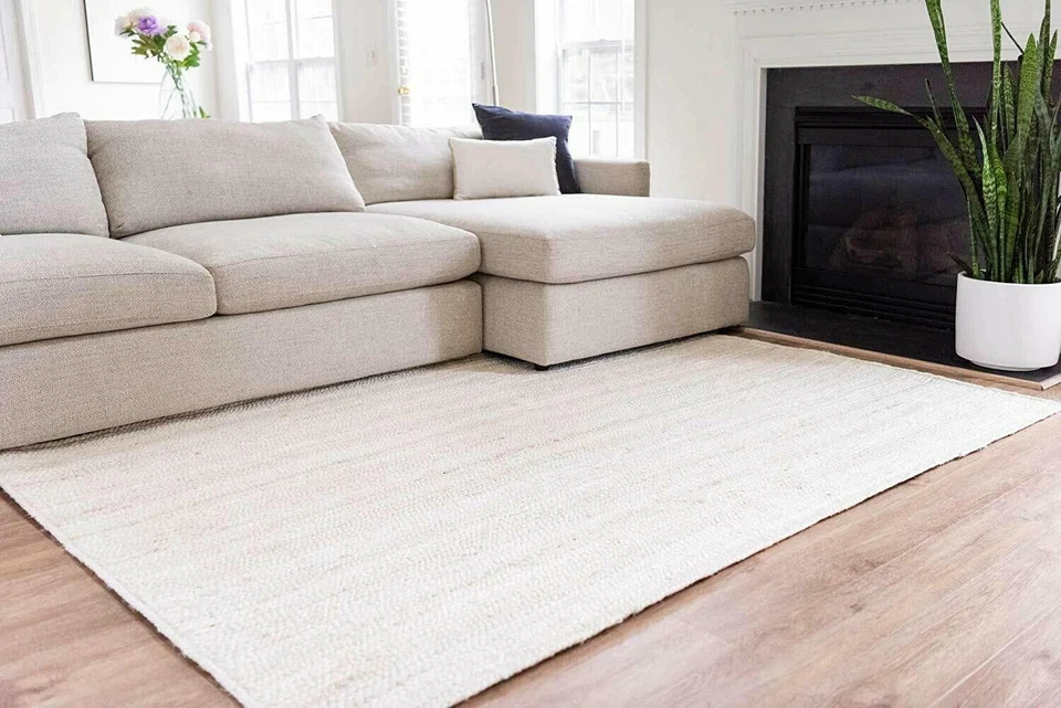White Rug Farmhouse Jute Rectangle Hand Braided Area Rug Rustic Look Modern Rug - Image 3 of 4