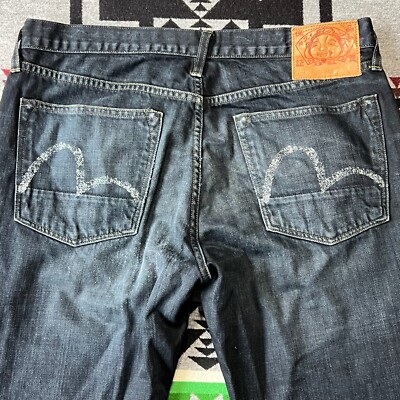 Evisu Jeans Men's 36x28 Blue Denim Button Fly Embroidered Logo