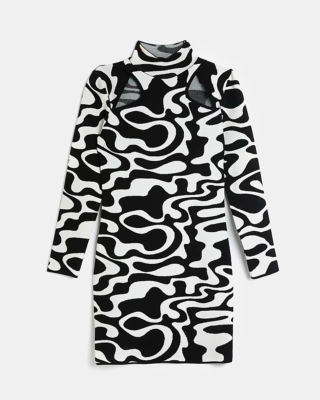 RIVER ISLAND SIZE 12 BLACK LONG SLEEVE SWIRL BODYCON MINI DRESS | eBay